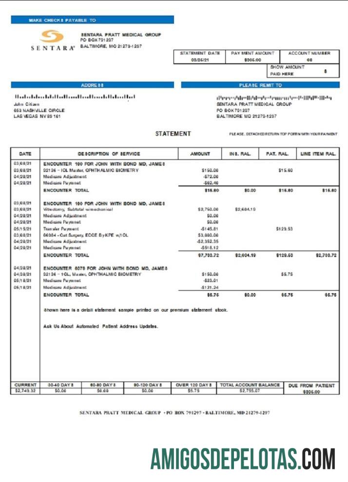 Declaração de cobrança do Sentara Pratt Medical Group dos EUA amostra
